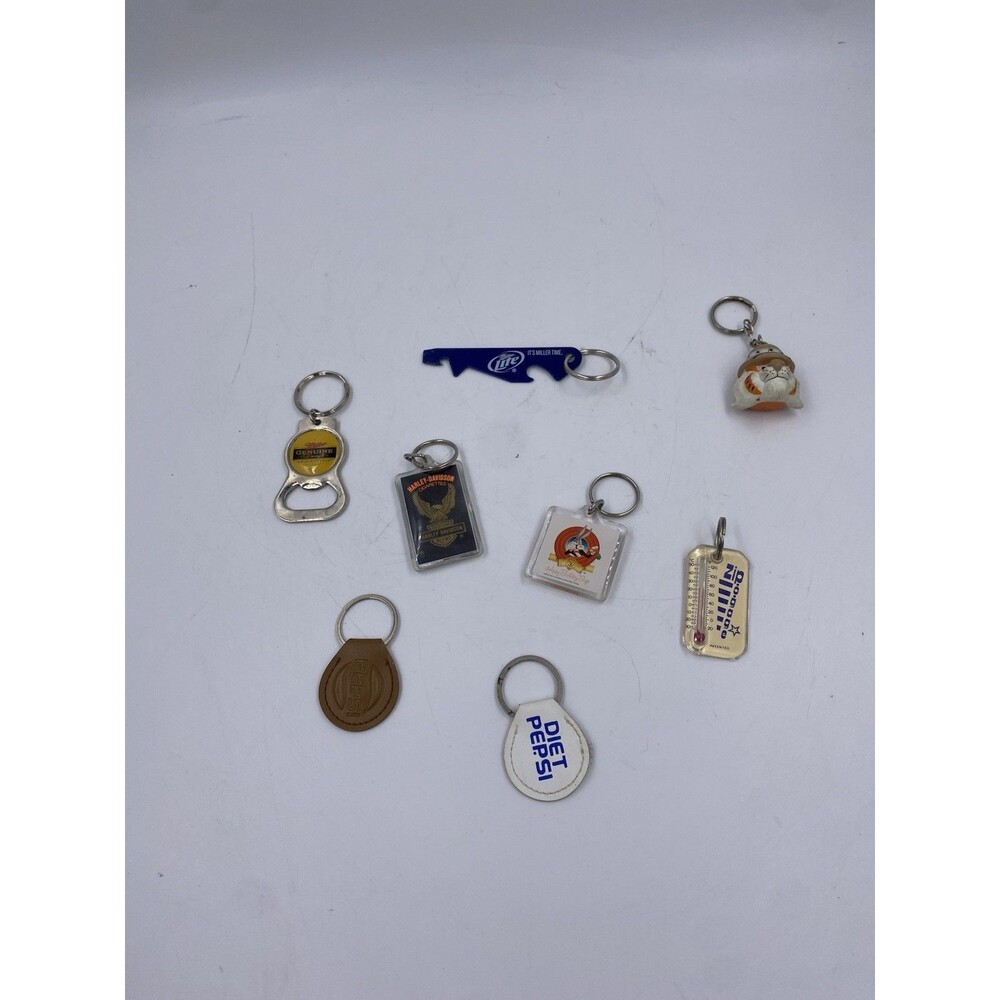 Lot of 8 Mixed Vintage Keychains Pepsi, Miller, Harley Davidson, Exxon, Bugs